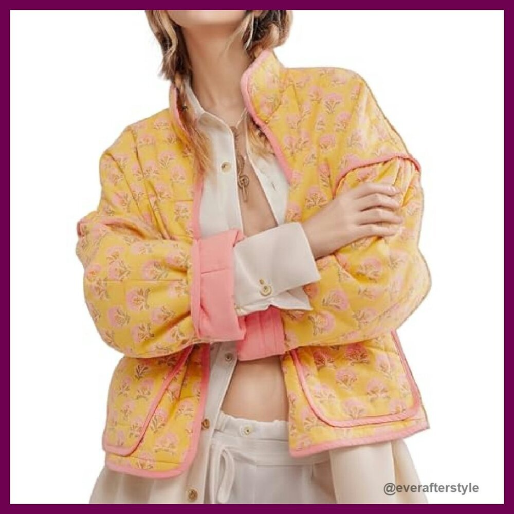 Cropped Puffer Quilted Jacket Vintage Floral Print Open Front Lightweight Y2K - Picture 2 of 8